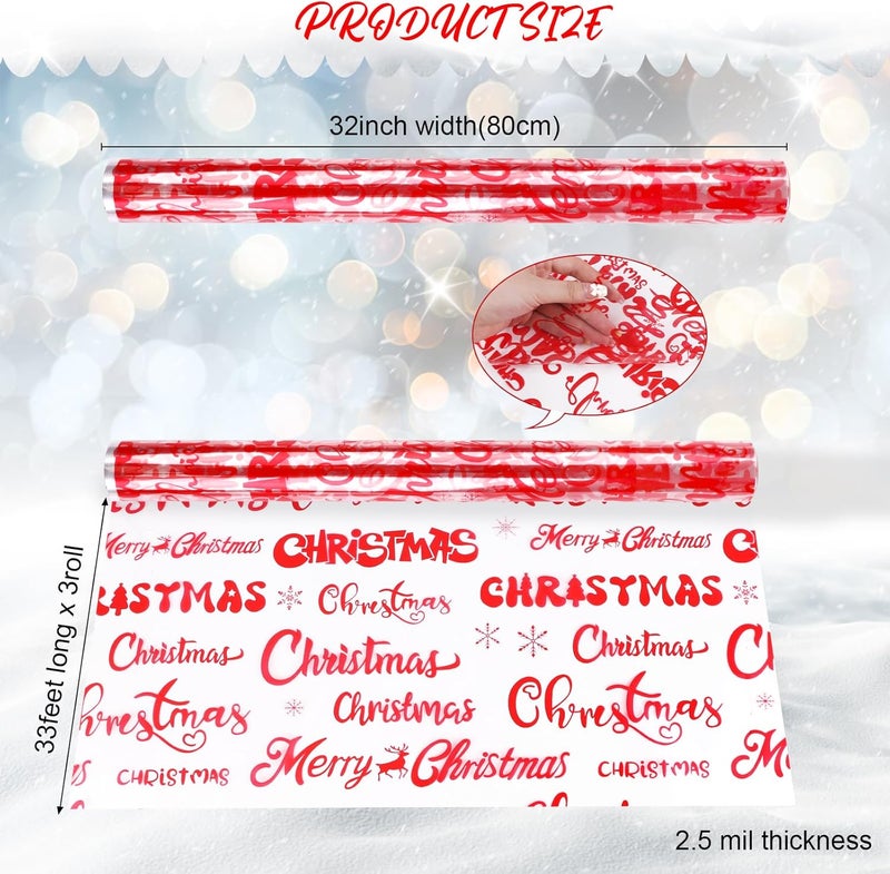 FOPINOA 3 Roll Christmas Cellophane Wrap Set, 32 in x 100 ft Christmas Cellophane Wrapping Clear Cellophane Wrap Roll Treat Gift Basket Wrapping Cellophane Paper for Xmas Party Decoration - Image 2